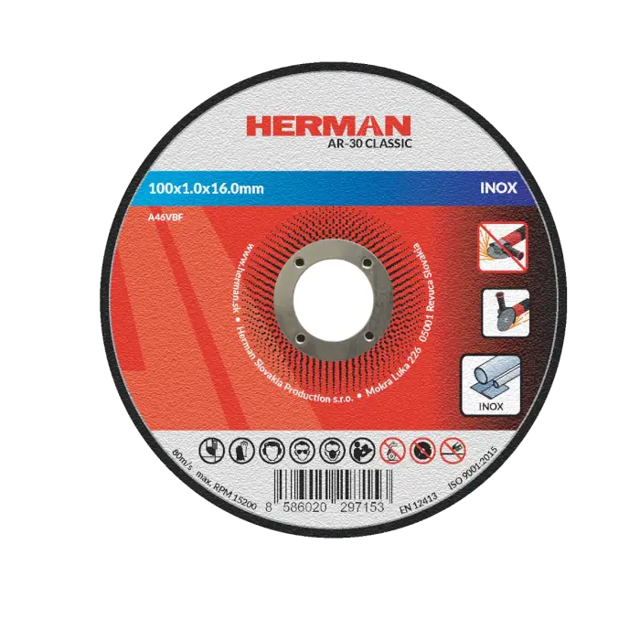 Řezný kotouč HERMAN AR-30 Classic|Na nerez 100x1,0x16,0mm|bez prolisu|TYP 41