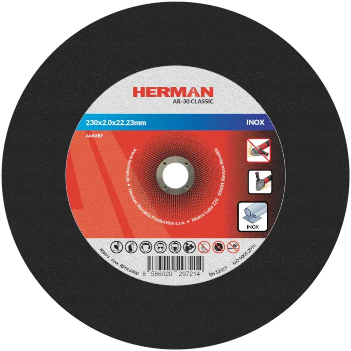 Řezný kotouč HERMAN AR-30 Classic|Na nerez 230x2,0x22,23mm|bez prolisu|TYP 41