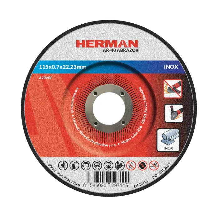 Řezný kotouč HERMAN AR-40 Abrazor|Na nerez 115x0,7x22,23mm|s prolisem|TYP 42