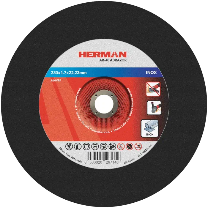 Řezný kotouč HERMAN AR-40 Abrazor|Na nerez 230x1,7x22,23mm|s prolisem|TYP 42