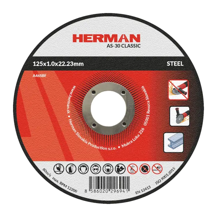 Řezný kotouč HERMAN AS-30 Classic|Na ocel 125x1,0x22,23mm|bez prolisu|TYP 41