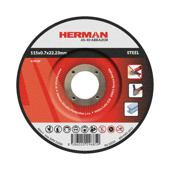 Řezný kotouč HERMAN AS-40 Abrazor|Na ocel 115x0,7x22,23mm|s prolisem|TYP 42