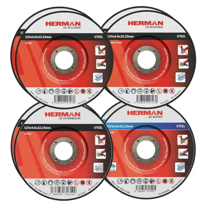 Sada brusných kotoučů HERMAN QGS-10 | Na ocel 125mm | 2x GS-30 Classic, GS-40 Double, GS-50 GrindSlim, GS-60 Fury | 8ks