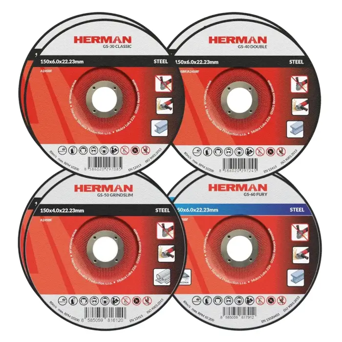 Sada brusných kotoučů HERMAN QGS-10 | Na ocel 150mm | 2x GS-30 Classic, GS-40 Double, GS-50 GrindSlim, GS-60 Fury | 8ks