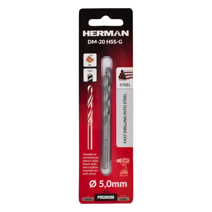 Vrták do kovu DIN 338 HERMAN DM-20 HSS-G 5,0x52/86mm