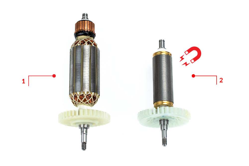 Obr. 5. Rotor komutátorového motoru (1) a rotor BL motoru (2) z permanetního magnetu
