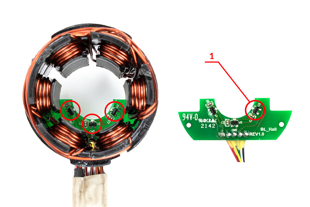 Obr. 6. Stator BLDC motoru a Hallovy sondy (1)