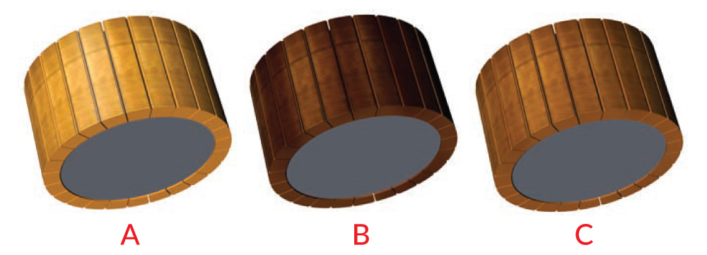 Obr. 3. Příliš světlá (A), příliš tmavá (B) a ideální (patinová) barva (C) komutátoru